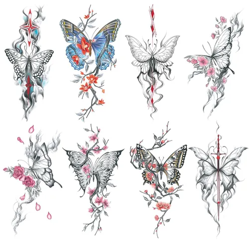 Miniatura 19 de 8 hojas de tatuajes temporales negros con flechas, brújulas, plumas, dragones, anclas, espadas, serpientes, árboles y flores para el brazo