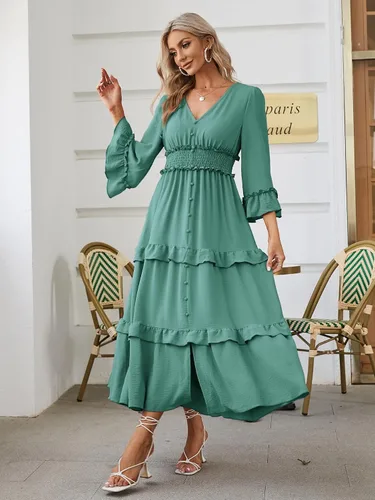 Miniatura 6 de Amegoya Vestido largo de manga larga con cuello en V bohemio para mujer, de verano, para invitadas de boda, de estilo fluido, para compromisos