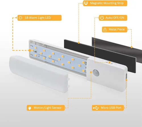 Miniatura 7 de Luces LED recargables para debajo del gabinete, con sensor de movimiento magnético para interiores, sensor de movimiento, luces inalámbricas