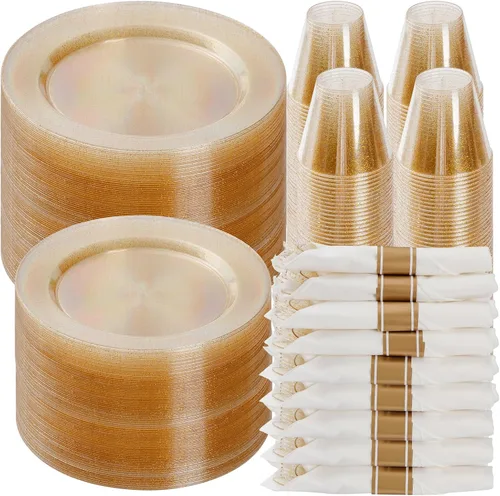 Miniatura 13 de Goodluck Juego de vajilla de plástico dorado de 350 piezas para 50 invitados, elegantes platos desechables para fiesta, incluye: 50 platos de cena