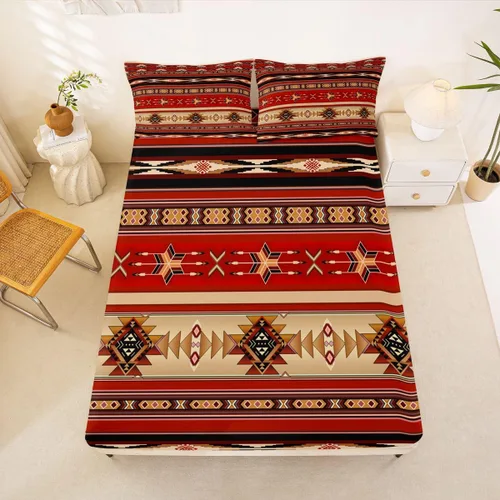Miniatura 54 de Juego de ropa de cama de estilo bohemio occidental, tamaño individual, diseño de vaca atrapasueños, sábana bajera ajustable del suroeste, tribu