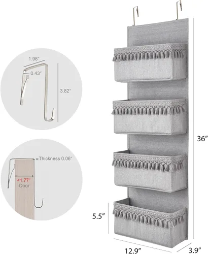 Miniatura 6 de Dahey Organizador bohemio para colgar sobre la puerta, para habitación del bebé, con borlas, decoración para dormitorio, cuarto de bebé, baño, Gris