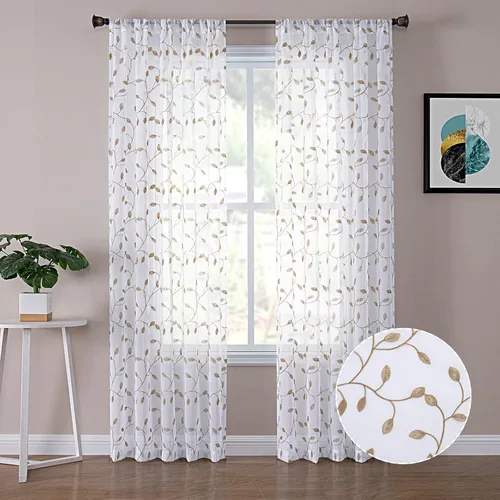 Miniatura 9 de Tollpiz Cortinas Cortas Transparentes de Hojas con Bordado de Hojas Grises, Cortinas de Dormitorio con Bolsillo para Barra, Voile de Lino Sintético