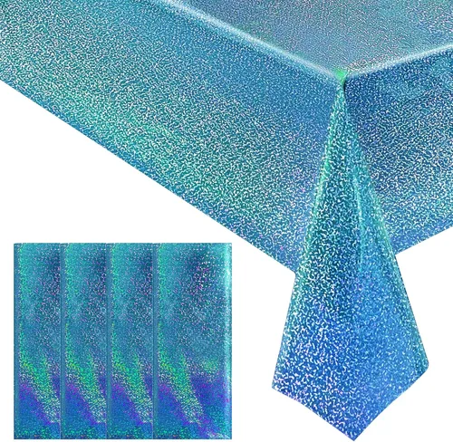 Miniatura 45 de 4 piezas de mantel de fiesta azul real holográfico de 40" x 108" con iridiscencia, mantel de plástico azul marino brillante para graduación, 4