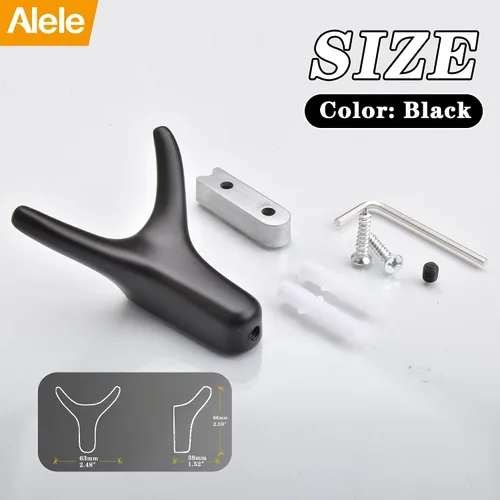 Miniatura 7 de Alele 2 ganchos de cuerno negros montados en la pared, ganchos de doble pared de metal resistente para colgar abrigos, toallas, sombreros, etc.