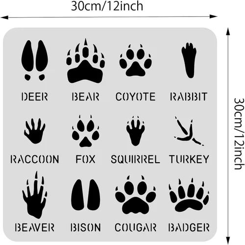 Miniatura 3 de BENECREAT 12 plantillas de huellas de animales, 12 x 12 pulgadas, plantillas de dibujo de ciervos/osos/conejos/zorros/pavo, para pintura de pared