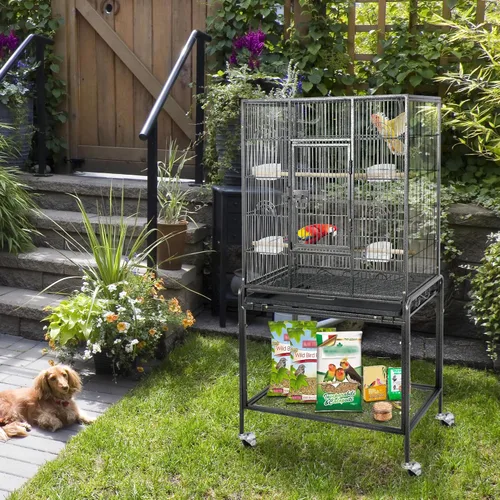 Miniatura 3 de ZENY Jaula de vuelo para pájaros de 53 pulgadas, de hierro forjado, grande con soporte rodante para cacatúas, loros, periquitos, agapornis, Negro