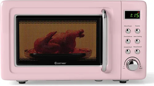Miniatura 12 de COSTWAY horno microondas retro para encimera, 0.7 pies cúbicos, 700 vatios, alta eficiencia energética, 5 niveles de potencia, función de inicio