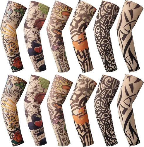 Miniatura 12 de YARIEW Mangas de tatuaje para hombres, 12 piezas de mangas de brazo tatuajes falsos para cubrir brazos, protección solar refrescante Color 1