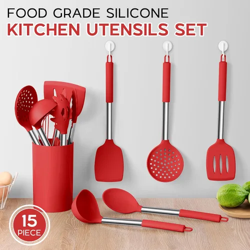 Miniatura 5 de Onader Juego de 15 utensilios de cocina de silicona, juego de espátulas rojas para utensilios de cocina con soporte, herramientas y accesorios Rojo