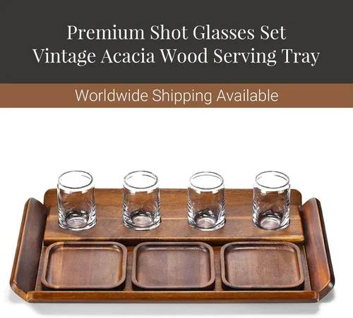 Miniatura 6 de Juego de bandejas de vuelo de tequila de madera rústica, tabla de degustación con 4 vasos de chupito y posavasos, muestra de cóctel para fiestas