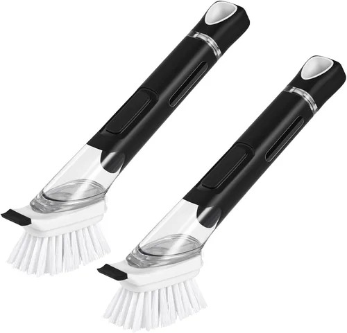 SUBEKYU Cepillos para platos con dispensador de jabón, cepillos para fregar platos de cocina con asa, limpiadores de limpieza para platos, sartenes,