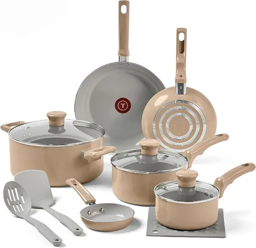 T-Fal Refresh - Juego de utensilios de cocina antiadherentes de cerámica, 12 piezas, apto para horno hasta 350 °F, incluye olla, plancha, sartenes,