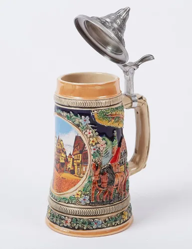 Miniatura 8 de Taza de cerveza alemana Oktoberfest Bávara Frankfurt Viking Tankard con tapa Petwer para hombres, padre amante de la cerveza, 0.6 litros