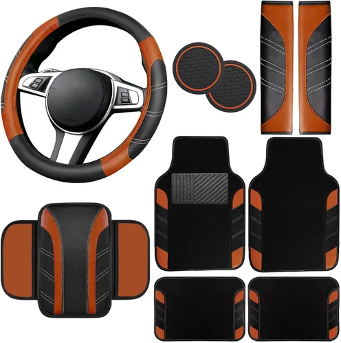 Miniatura 19 de NBTEPEM Juego de 6 accesorios de automóvil beige, funda de cuero deportivo para volante de 14.5 a 15 pulgadas, universal, funda de cuero