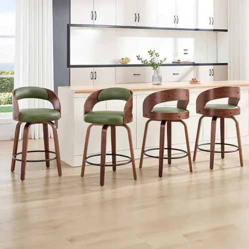 Miniatura 11 de Juego de 1 taburete de bar giratorio, 26" de cuero sintético tapizado, altura de mostrador con respaldo, silla de bar moderna de mediados de siglo