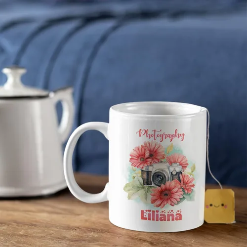 Miniatura 4 de Taza de café personalizada para fotógrafo, cámara con flores de gerbera, taza de té personalizada con nombre, regalo para amantes de la fotografía