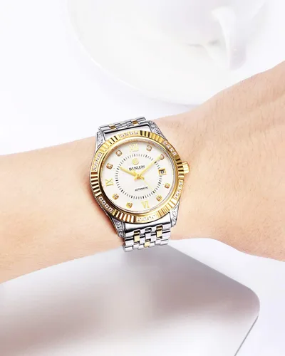 Miniatura 7 de BINLUN Reloj mecánico automático de oro para hombre, correa de cuerda automática respetuosa con la piel, chapado en oro de 18 quilates, relojes