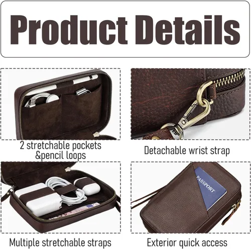 Miniatura 4 de Acidea Caja de almacenamiento de accesorios electrónicos de cuero de grano completo, bolsa organizadora de cables de viaje, estuche enrollable