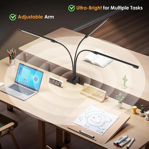 Miniatura 4 de ShineTech Lámpara de escritorio LED con abrazadera, iluminación ultra ancha de 3 cabezales, 4 modos de color, lámpara de trabajo de cuello de cisne