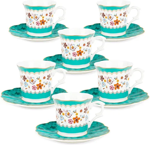 Miniatura 7 de fanquare Juego de 6 mini tazas de café de 2.7 onzas para expreso, tazas de té de porcelana floral con patrón de mármol, tazas y platillos