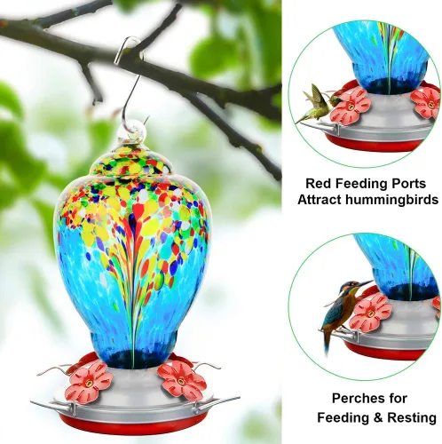 Miniatura 2 de WOSIBO Comedero para colibríes para exteriores, patio, grande, 32 onzas, comedero para colibríes de vidrio soplado a mano colorido con foso