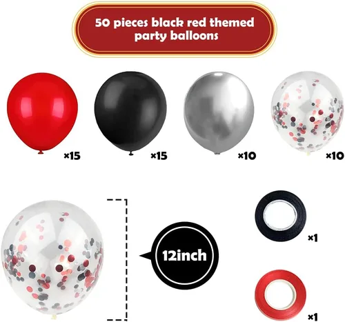 Miniatura 2 de Globos: 50 globos rojos y negros, 12 pulgadas con globos de confeti negro y rojo, para decoraciones de fiesta de cumpleaños rojo y negro