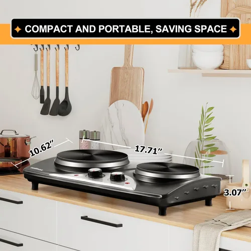 Miniatura 6 de Placa de cocción, quemadores eléctricos CUSIMAX para cocinar, quemador doble de 1,800 W, placas de cocción para quemador de encimera, placas de Negro