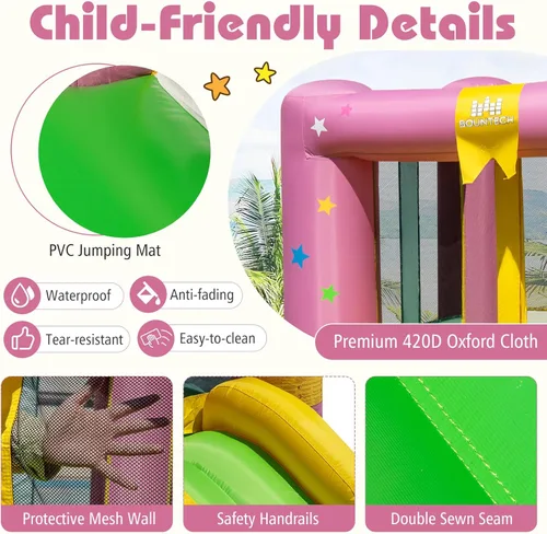 Miniatura 7 de BOUNTECH Casa inflable de rebote para niños de 3 a 12 años para interiores y exteriores con soplador de 480 W, área de salto, tobogán, juego