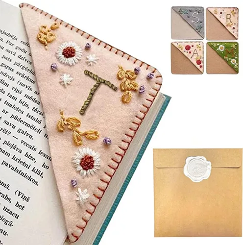 Miniatura 5 de Marcapáginas de esquina bordado a mano personalizado, 26 letras con costura a mano de fieltro, marcapáginas de esquina con bordado de flores lindo