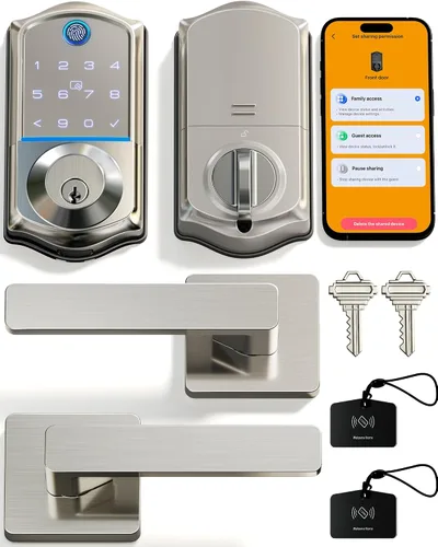 Veise VE017-B Cerradura inteligente de huellas dactilares para puerta delantera, control de aplicación, cerrojo de entrada sin llave 8 en 1 con 2