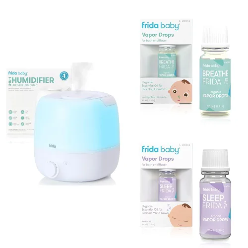 Frida Baby Humidificador de niebla fría 3 en 1 para habitaciones grandes y gotas de baño de aceite esencial de eucalipto con vapor natural para