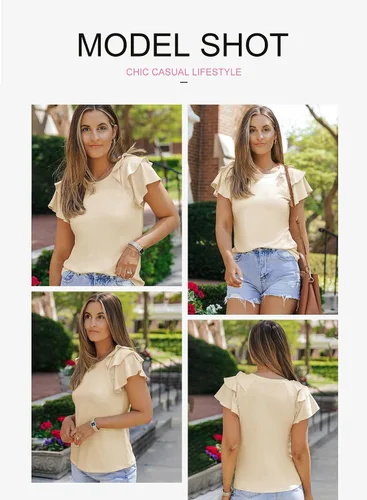 Miniatura 3 de EVALESS Blusas de verano para mujer, cuello redondo, manga corta, con volantes, color liso, ajustadas, blusas casuales