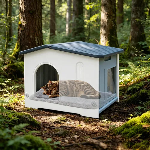 Casa para gatos al aire libre con puerta de escape, casa para gatos con alfombrilla de autocalentamiento, casa para gatos al aire libre, casa grande