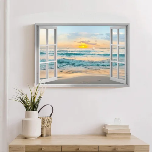 Miniatura 3 de Arte de pared con ventana abierta del océano: puesta de sol, escena de playa costera, pintada sobre lienzo, paisaje marino azul, veleros náuticos