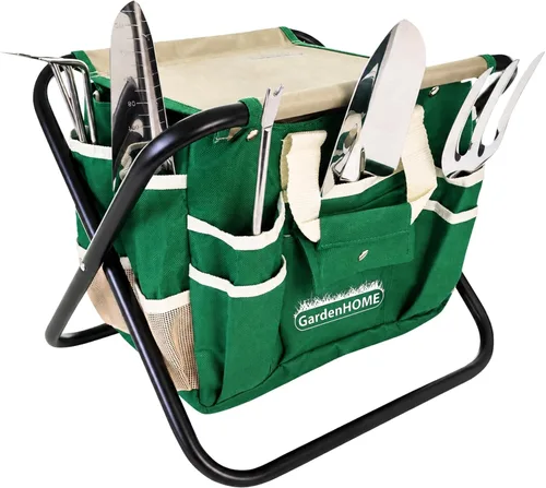 GardenHOME Juego de herramientas de jardinería de 7 piezas, herramientas de acero inoxidable con asas de madera, taburete plegable y bolsa de lona,