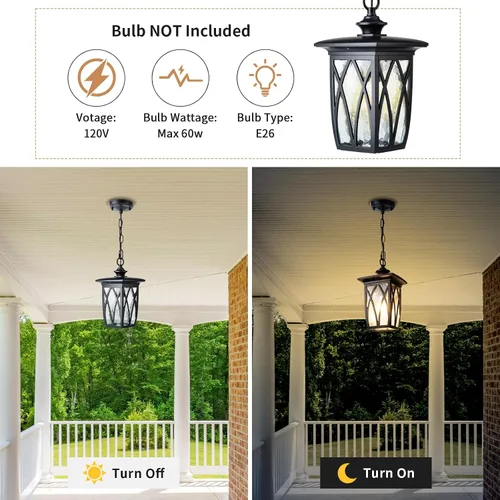 Miniatura 5 de JYZ Paquete de 2 lámparas colgantes para exteriores, farol colgante exterior de 12 pulgadas, lámpara moderna de metal negro para exteriores, lámpara