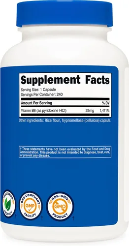 Miniatura 5 de Nutricost Vitamina B6 (Piridoxina HCl) 25 mg, 240 Cápsulas - Sin OMG, sin gluten y apta para vegetarianos