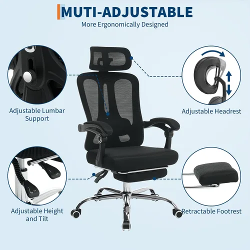 Miniatura 4 de GarveeHome Silla de oficina ergonómica de respaldo alto con respaldo de malla, reposapiés retráctil, reposacabezas ajustable y soporte lumbar, silla