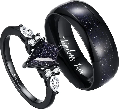 Anillos de promesa personalizados para parejas, anillos negros a juego para parejas, anillo grabado de piedra arenisca azul en forma de cometa,