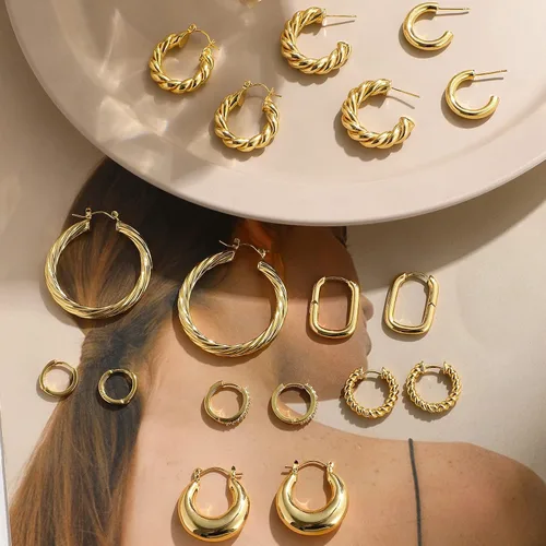 Miniatura 6 de 9 pares de aretes de aro de oro para mujer, chapados en oro de 14 quilates, ligeros, gruesos, trenzados, para regalo, Latón, No es una piedra