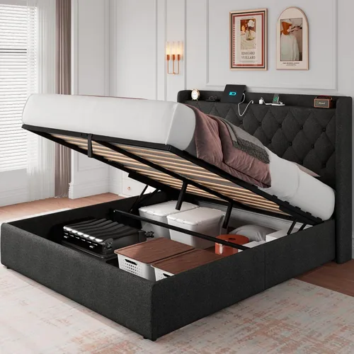 Miniatura 9 de iPormis Base de cama de almacenamiento elevable de tamaño completo con estación de carga, base de cama de plataforma tapizada con cabecera capitoné