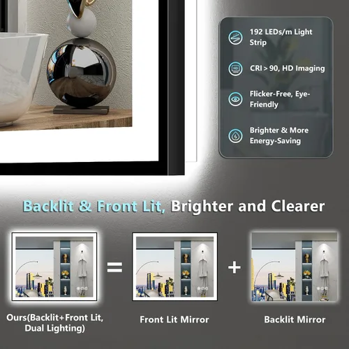 Miniatura 4 de 24x30 Espejo de baño LED con marco negro con luces, retroiluminado + iluminación frontal, espejo de tocador iluminado antivaho para pared de baño