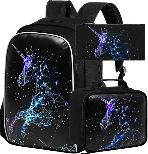 Miniatura 12 de KLFVB 3 mochilas de sirena de unicornio para niñas, bolsa de libros y lonchera de lentejuelas de 16 pulgadas, mochilas preescolares para primaria