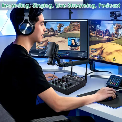Miniatura 4 de Juego de micrófono mezclador de audio profesional de 5 canales para transmisión en vivo, karaoke familiar, grabación de estudio, sistema