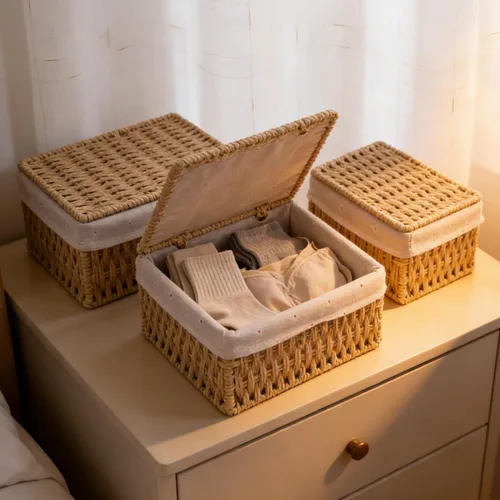 Miniatura 9 de Cestas de almacenamiento con tapas, juego de 3, cestas de mimbre tejidas anidables, cestas decorativas con tapa para estantes, dormitorio, baño
