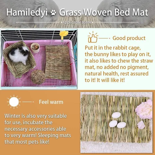 Miniatura 3 de Hamiledyi Alfombrilla de césped tejida para animales pequeños, 4 piezas de ropa de cama de conejito grande, juguete para masticar, juguete de cama