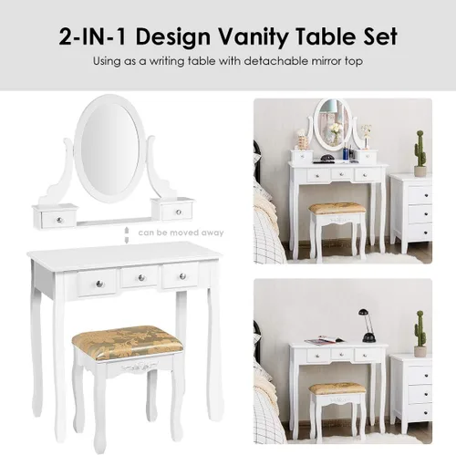 Miniatura 3 de CHARMAID Set de tocador con espejo ovalado giratorio, mesa de maquillaje para dormitorio con 5 cajones para mujeres y niñas, tocador con taburete