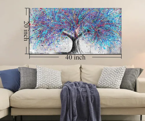 Miniatura 7 de GUGIKA Arte de pared de árbol para sala de estar, lienzo de acuarela azul para decoración de pared en el dormitorio, pintura de grafiti de Banksy