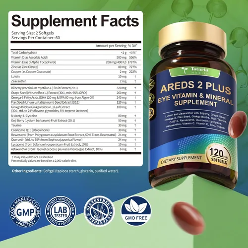 Miniatura 7 de AREDS 2 + Vitaminas oculares 19 en 1 para la salud macular y ojo seco, suplemento de luteína y zeaxantina con vitamina C/E, zinc, omega-3, ayuda a